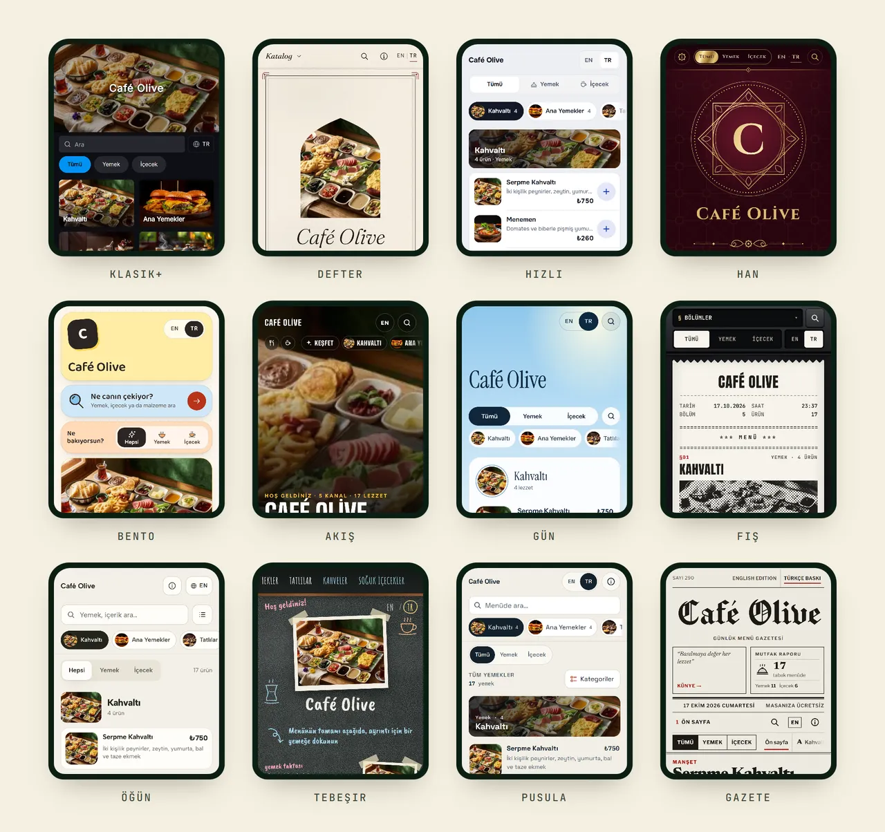 Aynı kafe menüsü on iki yeni QR menü temasında: Klasik+, Defter, Hızlı, Han, Bento, Akış, Gün, Fiş, Öğün, Tebeşir, Pusula ve Gazete