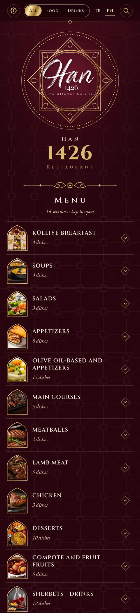 Han 1426 Restaurant menu in the Inn design